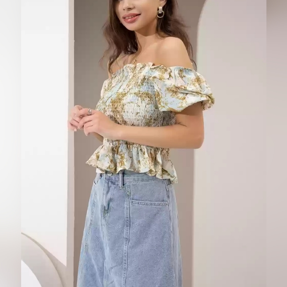OAK + FORT Printed Square Neck Puff Sleeve Top Women's Size XS